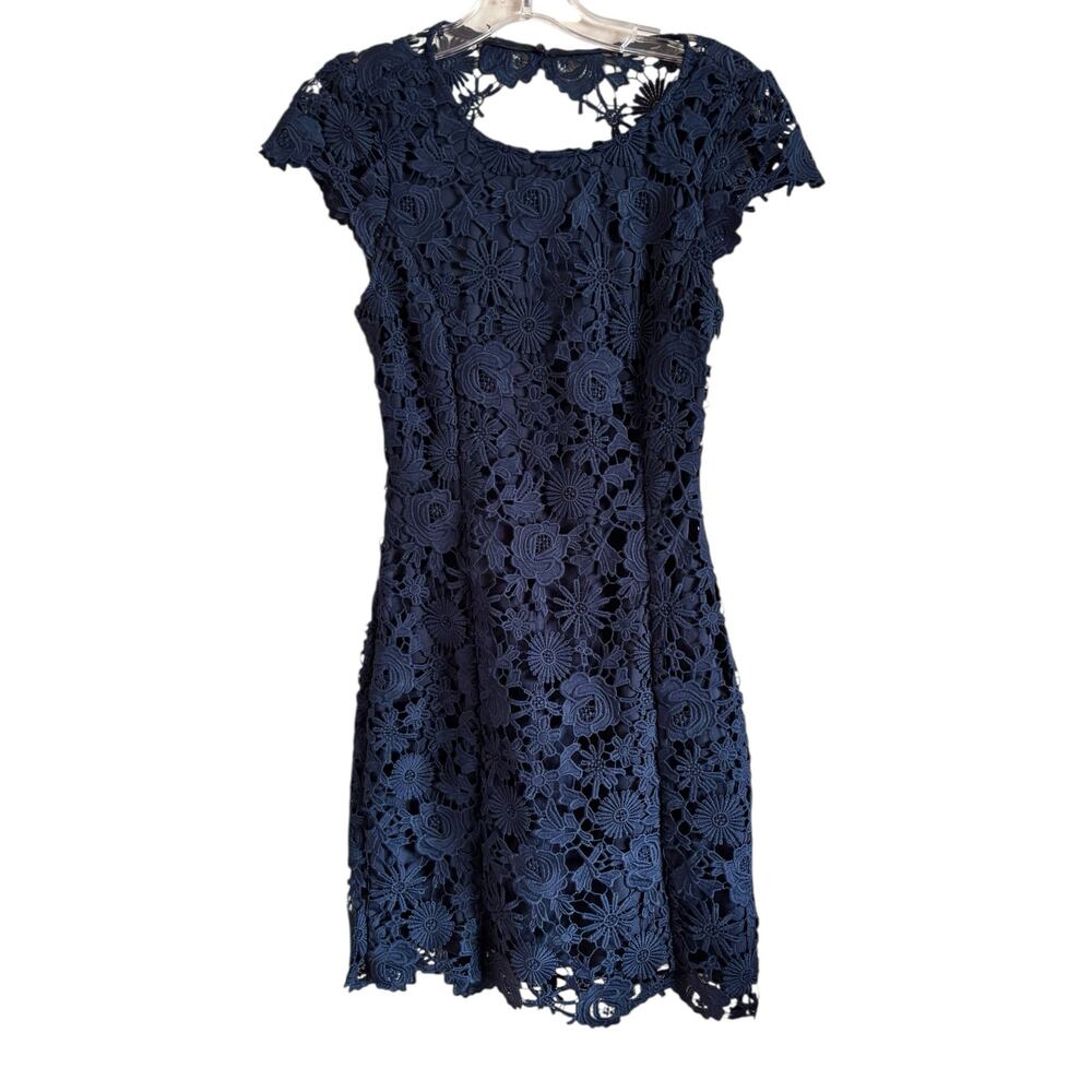 Lulus Romance Language Lace Crochet Navy Mini Dress Backless Small Cap Sleeve